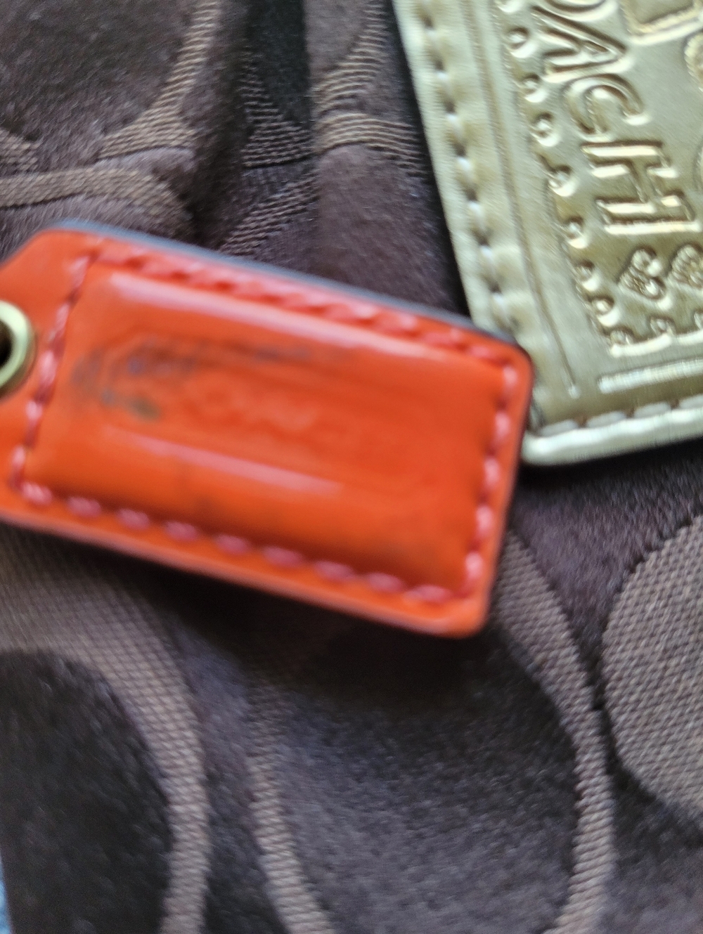 Coach Poppy Brown Signature Wristlet with Gold Patch and Orange Charm - Picture 3 of 8